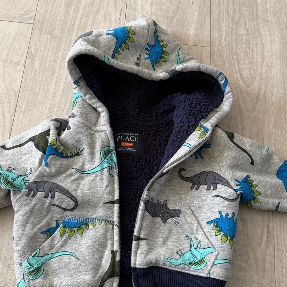 Kids The Children's Place Dino Print Hoodie - Gray and Blue Sherpa lined